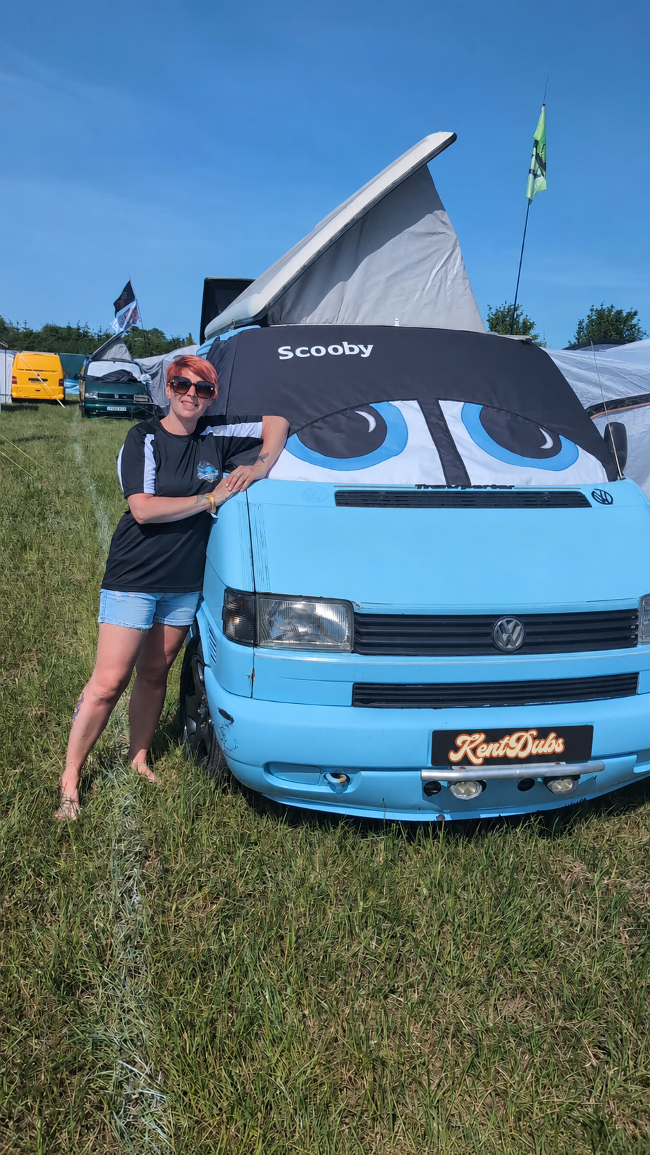 Kent Dubs customer with blue Volkswagen camper and fitted windscreen cover